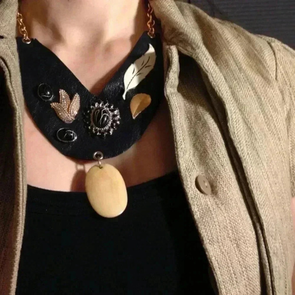 One Of A Kind Blue Leather Necklace  With Cameo & Beaded Leaves. Handmade By Me! - Picture 5 of 8